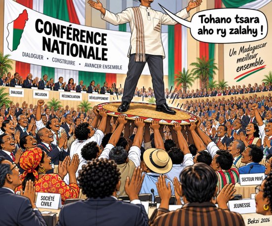 Ce dessin est une caricature d'une Conférence Nationale à Madagascar. Elle montre un personnage central porté par une foule nombreuse, diversifiée (Société Civile, Jeunesse, Secteur Privé) et enthousiaste, symbolisant l'unité nécessaire pour avancer sur les thèmes du Dialogue, de l'Inclusion et du Développement. Le personnage principal est juché au sommet d'une structure circulaire, soutenue par les mains levées de la foule qui l'entoure. Le personnage central clame : "Tohano tsara aho, ry zakary !"